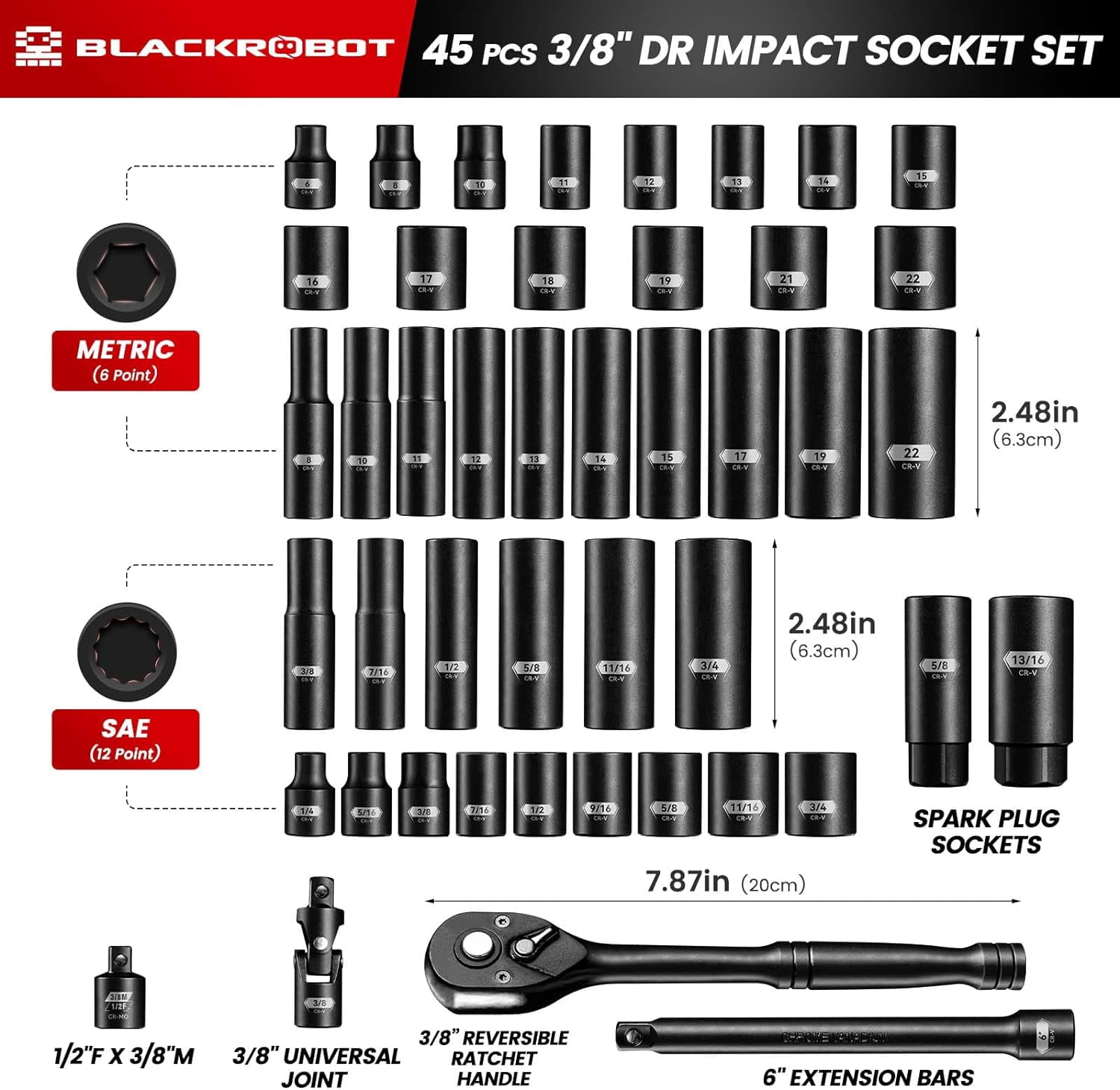 3/8" Drive Impact Socket Set, 45 Pieces Standard SAE (1/4" to 3/4") and Metric (6-22 mm), 6 Point, 72-Tooth Ratchet Handle, 6" Extension Bar, Adapters, Universal Joint, Spark Plug Socket