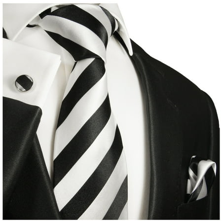 Circle Silk Tie - Black and Silver Striped Paul Malone Silk Tie with Accessories