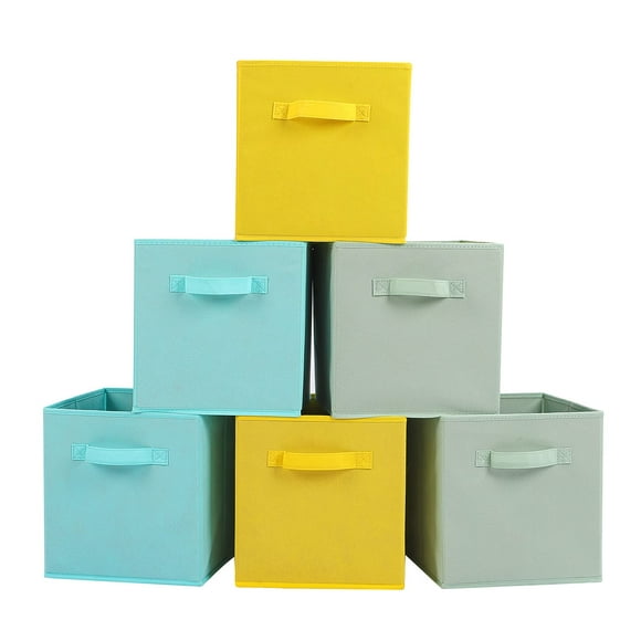 Stero Fabric Storage Bins 6 Pack Fun colored Durable Storage cubes with Handles Foldable cube Baskets for Home, Kids Room, closet and Toys Organization cyan, green, yellow