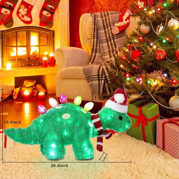Christmas Dinosaur Decorative Light,Back Colored LED&Soft lint Stegosaurus with Santa's Hat,Outdoor Lawn Courtyard Decoration, Christmas Housewarming