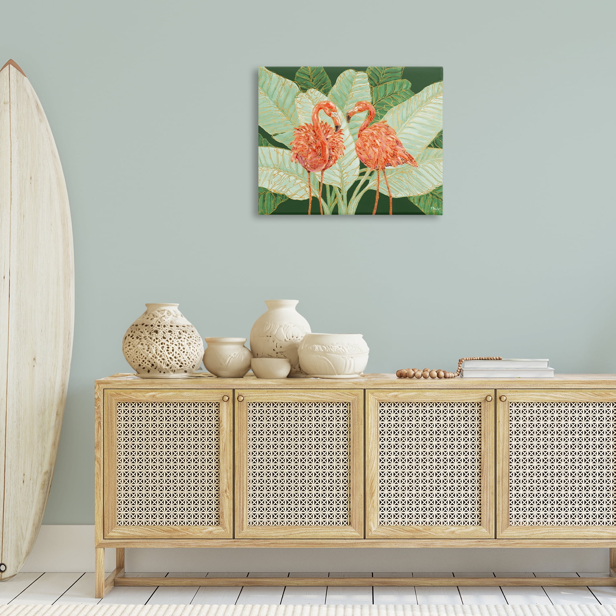 Stupell Industries Martinique Flamingos & Leaves Animals & Insects Painting Gallery Wrapped Canvas Art Print Wall Art, 30 x 24