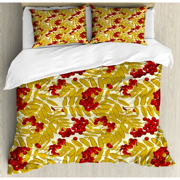 Rowan Duvet Cover Set, Juicy Ripe Fruits Leafage Berries and Foliage Rural Nature Print, Decorative 3 Piece Bedding Set with 2 Pillow Shams, King Size, Vermilion Mustard and White, by Ambesonne