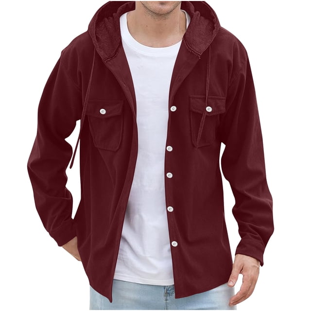 Plebaso Mens Hooded Corduroy Shirts Button down Jacket Casual Long Sleeve Drawstring Outwear with Pockets