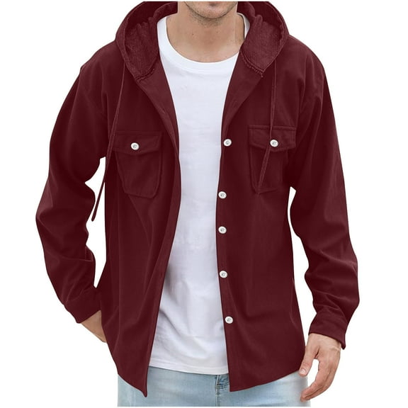 fatyb Mens Hooded Corduroy Shirts Button down Jacket Casual Long Sleeve Drawstring Outwear with Pockets