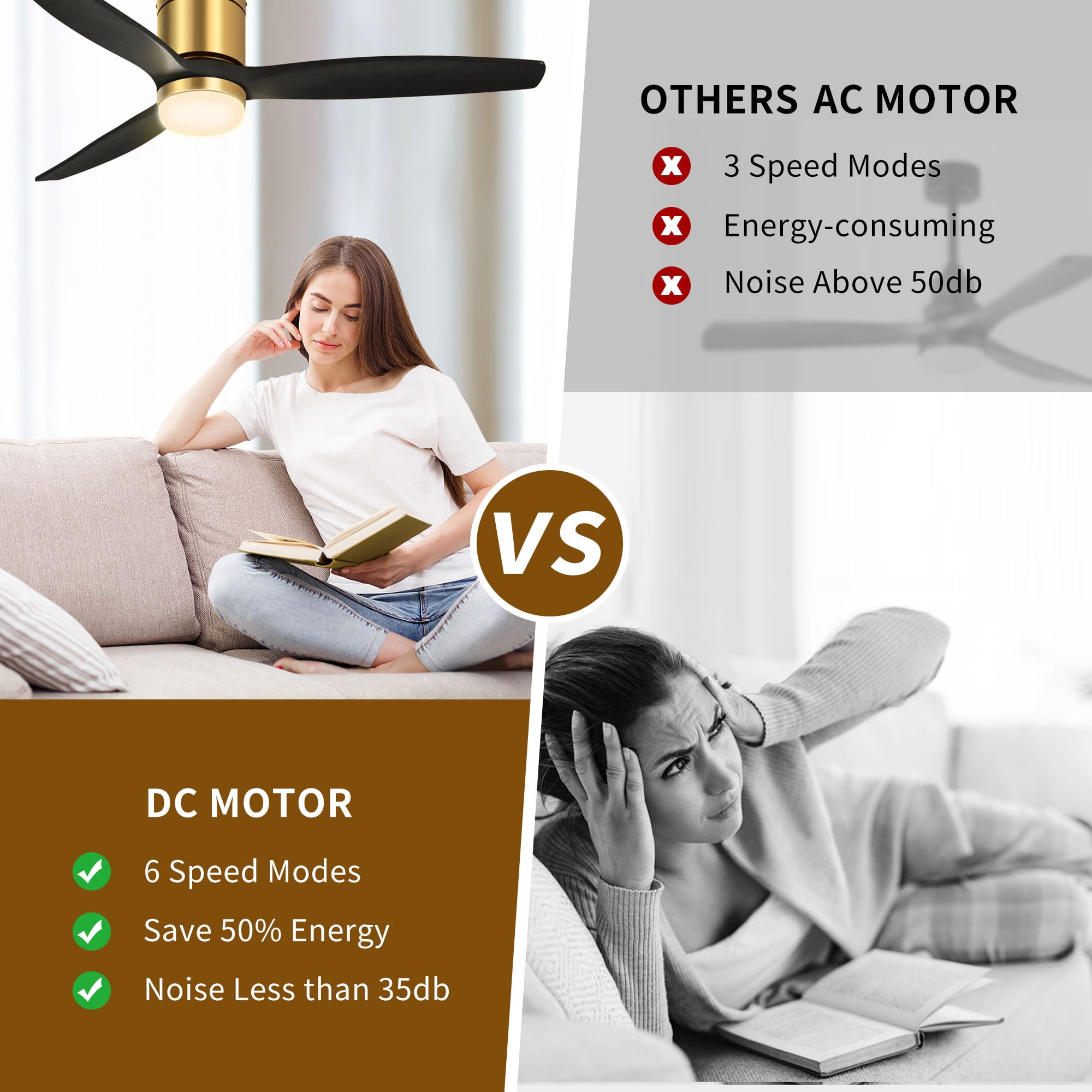Uforic 52 Inch Low Profile Ceiling Fan with Lights Remote, Flush Mount Ceiling Fan with 3 Wood Fan Blade for Bedroom, Outdoor, Indoor, Black & Gold