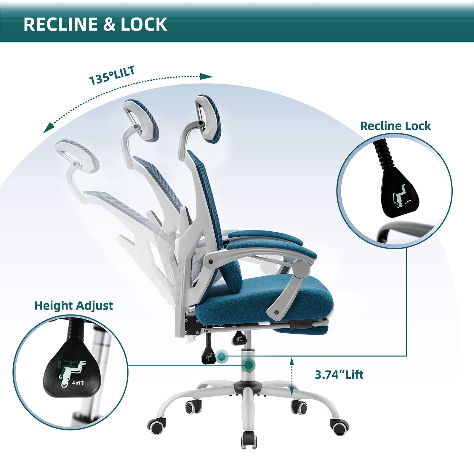 Retractable Footrest Ergonomic Swivel Office Chair with Lumbar Support Pillow and Padded Armrests
