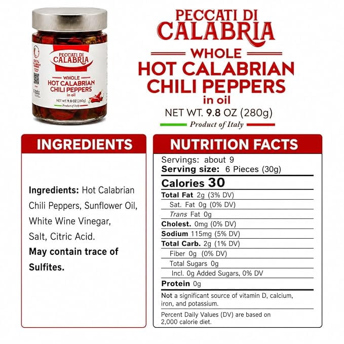 Peccati di Calabria Whole Hot Calabrian Chili Peppers in Oil 9.8 oz (280g)