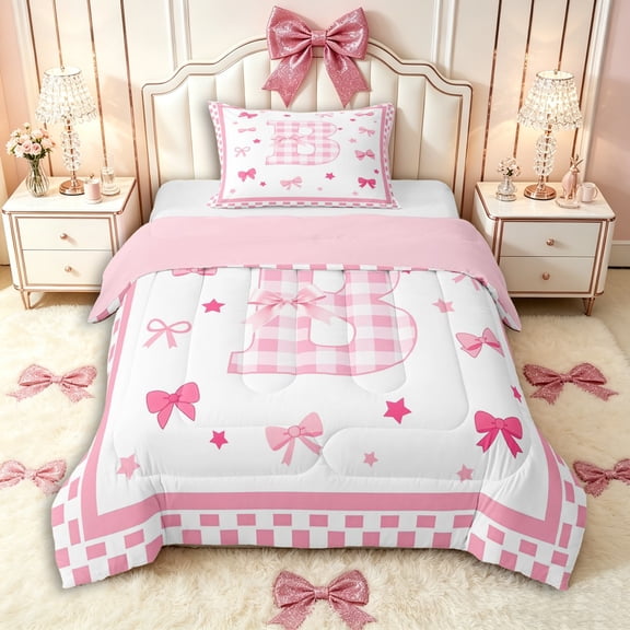 Manfei Teens Kawaii Grid Letter Monogrammed B Twin Comforter Sets 3-Piece,Kids Girls Cartoon Plaid Bowknot Bedding Set,Pink Reversible,Breathable Home Decor