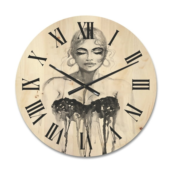 Designart 'Black and White Portrait of Woman Wearing Evening Dress' Modern Wood Wall Clock