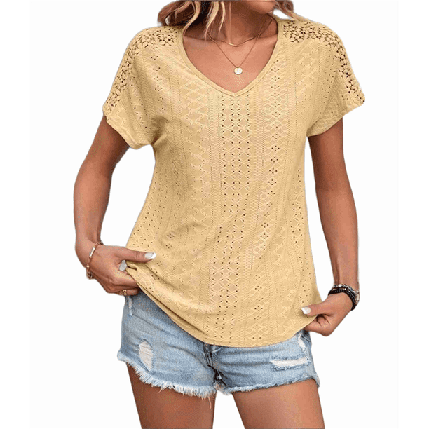 Tops de Verano para Mujer, Moda 2025, Camisetas con Cuello en V Cruzado y Ojales, Camisetas Holgadas Informales de Corta, Camisetas de Moda Amarillas L