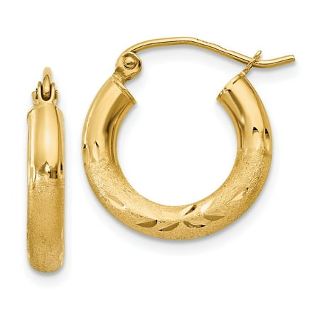 14k Yellow Gold Satin & D/C 3mm Round Hoop Earrings