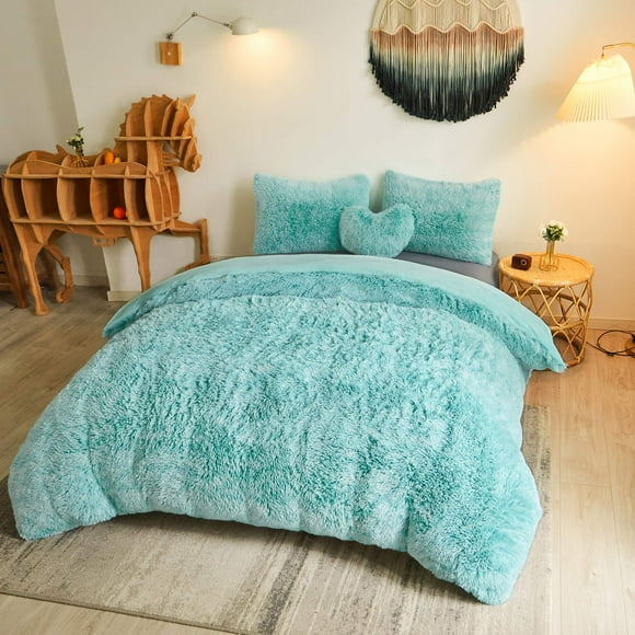 MEGO Luxury Shaggy Faux Fur Duvet Cover Set, Ultra Soft 3 Pieces Fluffy Comforter Cover Set, Fuzzy Bedding Set(1 Plush Furry Duvet Cover + 2 Pillow Shams), Zipper Closure(Queen, Aqua Green Ombre)