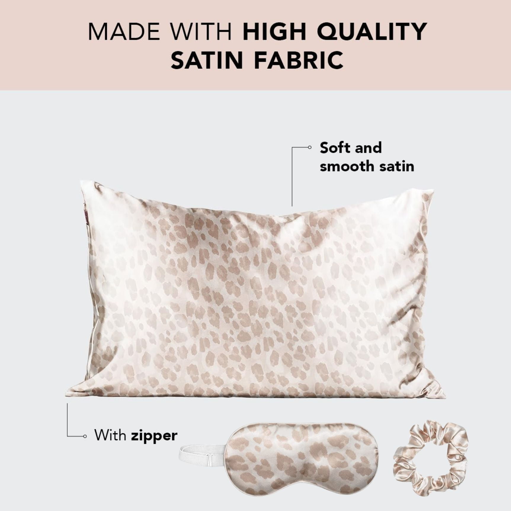 Kitsch 100% Satin Sleep Set - 1 Pillowcase, 1 Eye Mask and 1 Volume Scrunchie for Adult (Leopard)