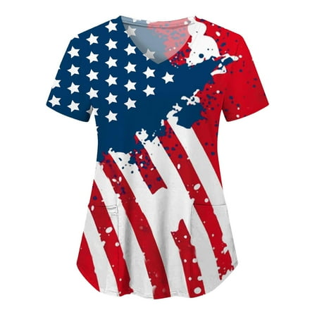

Women Scrubs Top Independence Day Printed V Neck T Shirt Nurses Clothes With Pocket Spring Summer Daily Nursing Uniforms Nursing Care Working Uniforms