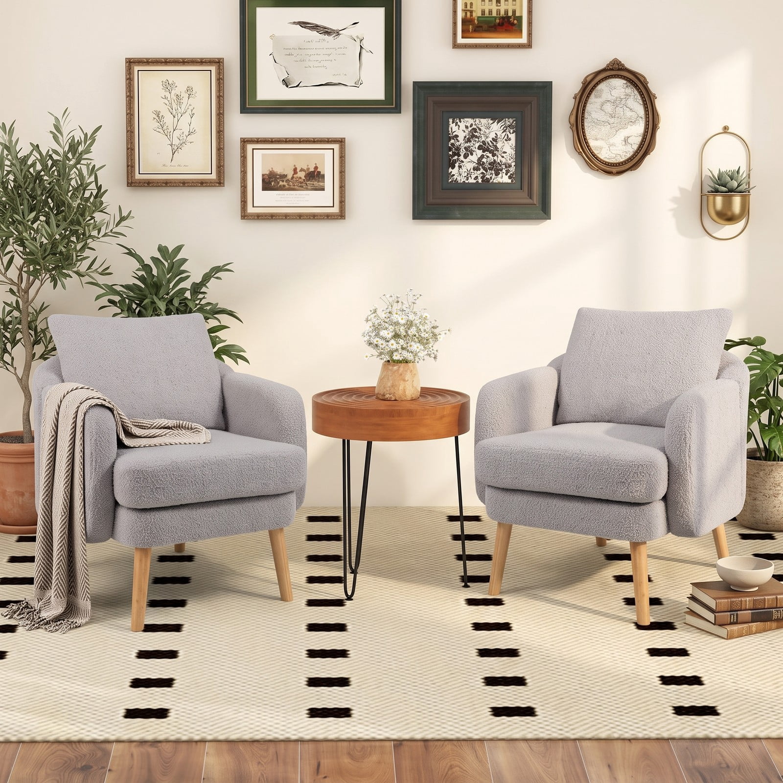 Furnibear Sherpa Accent Chair, Modern Upholstered Living Room Armchair with Seat Cushion and Lumbar Pillow, Solid Rubber Wood Legs, Cozy Single Sofa Chair for, Grey