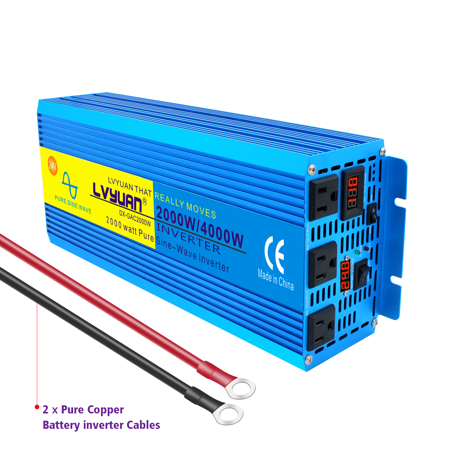 LVYUAN 2000W 4000W Peak Power Inverter DC 24V to AC 110V Pure Sine Wave Car Battery Inverter 3 AC Outlets Charger Adapter LCD Display for Car, RV, Truck, Camping, Home Backup, Emergency Power