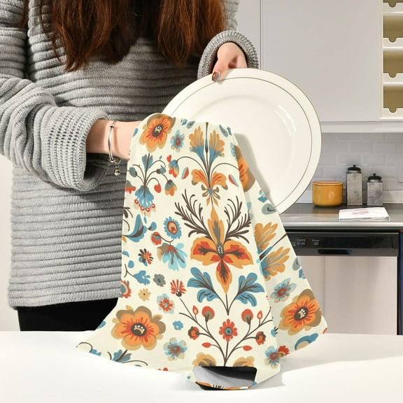 BZSMCE Kitchen Towels Creative Design Orange Flowers Art Print Pattern Durable Kitchen Towel