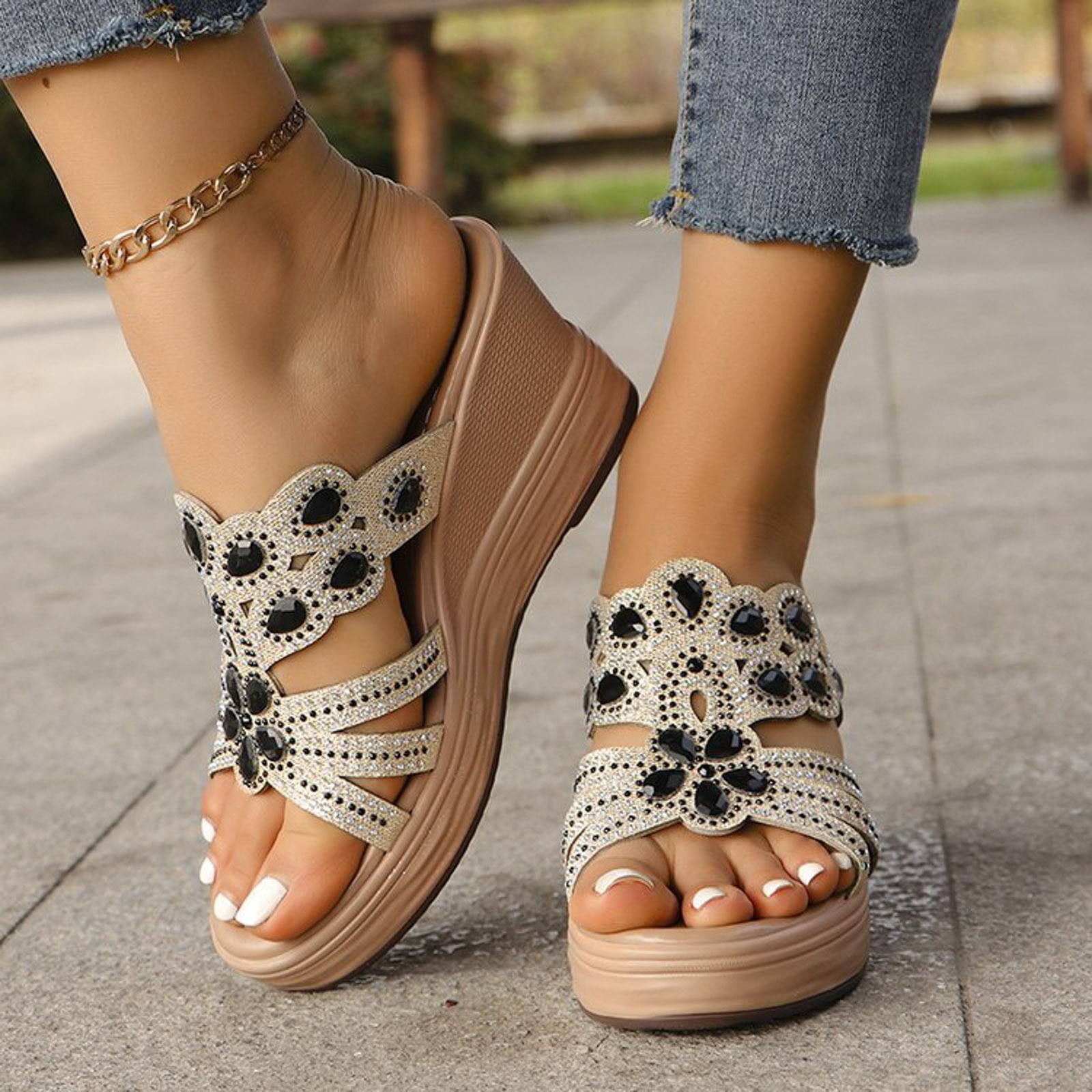 Adult Women Sandal Dressy Wedge Sandals for Women Wedding Women s Wedge High Heel Sandals Crystal Strap Diamond Wedge Sandals Female Sandal Black 8.5 Walmart