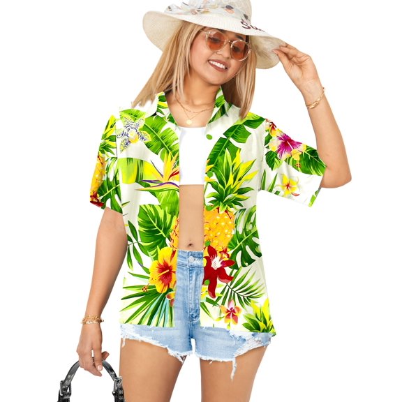 LA LEELA Women's Button Down Short Sleeve Tops Vacation Beach Dress Shirt Hawaiian Shirts Blouses for Women M Tropical Hibiscus, White