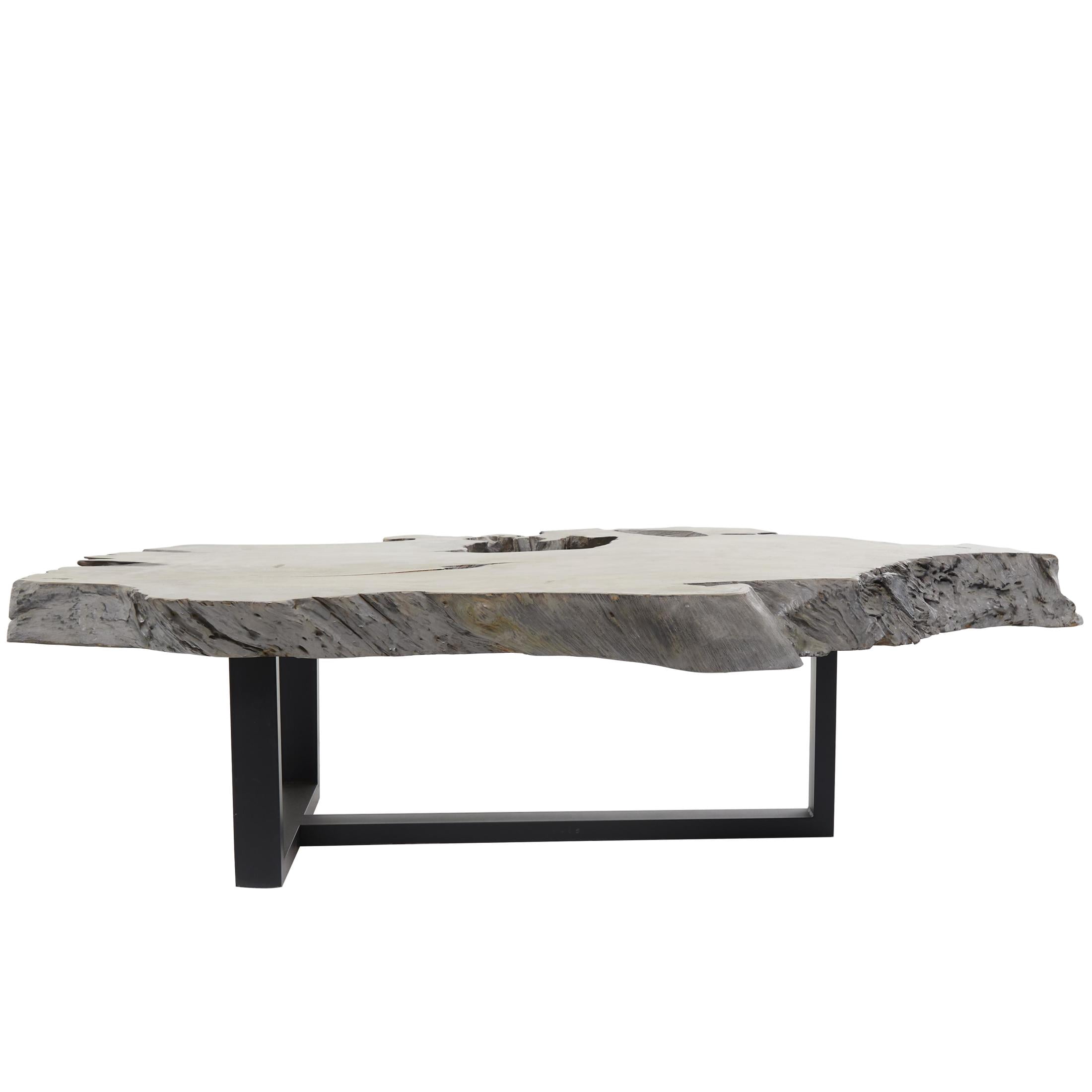 DecMode 50" x 15" Gray Teak Wood Handmade Live Edge Wood Slab Coffee Table with Black T Stand Base, 1-Piece