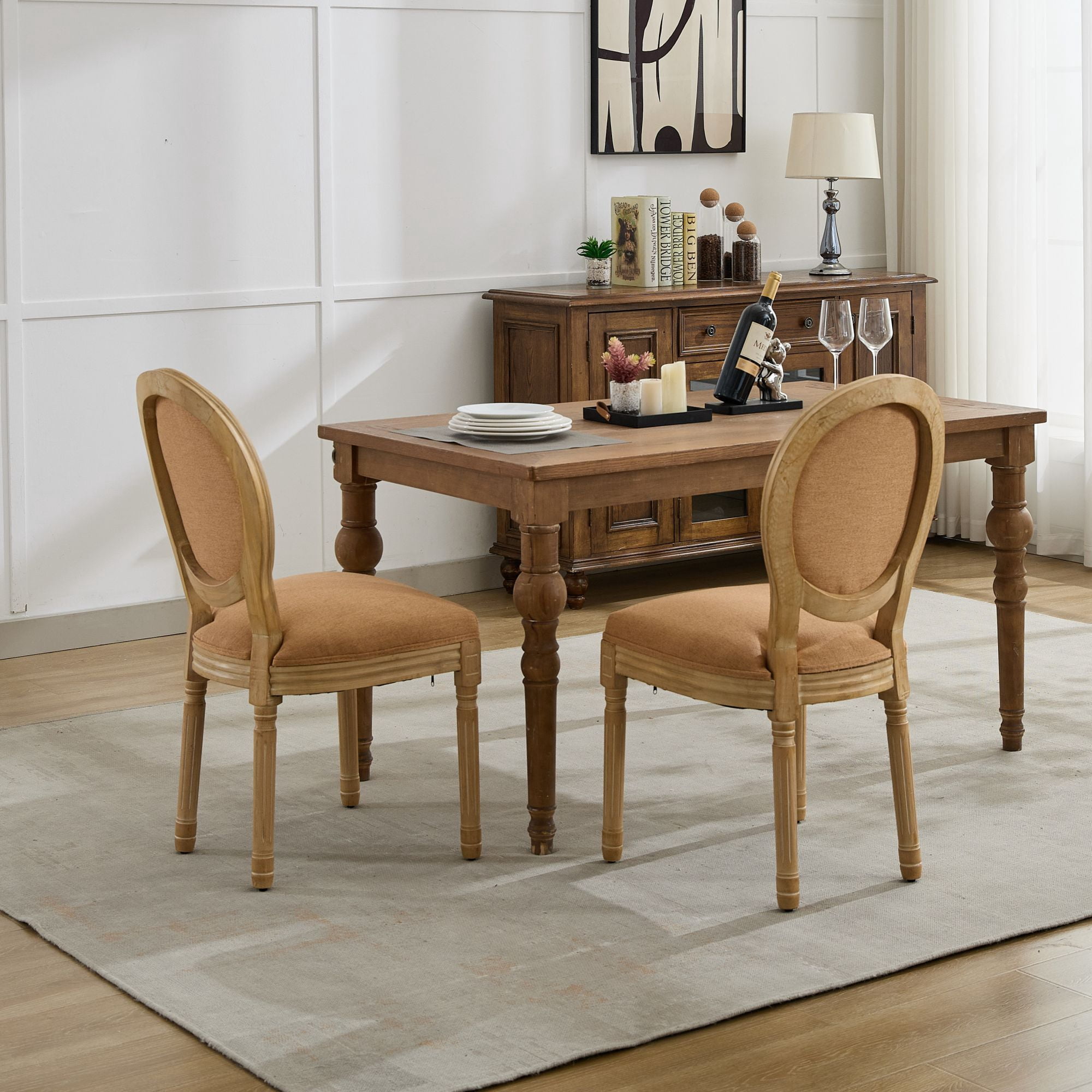 MAYEERTY French Style Dining Chair - Solid Wood Frame, Antique Painting, Linen Back, Tan, Set of 2