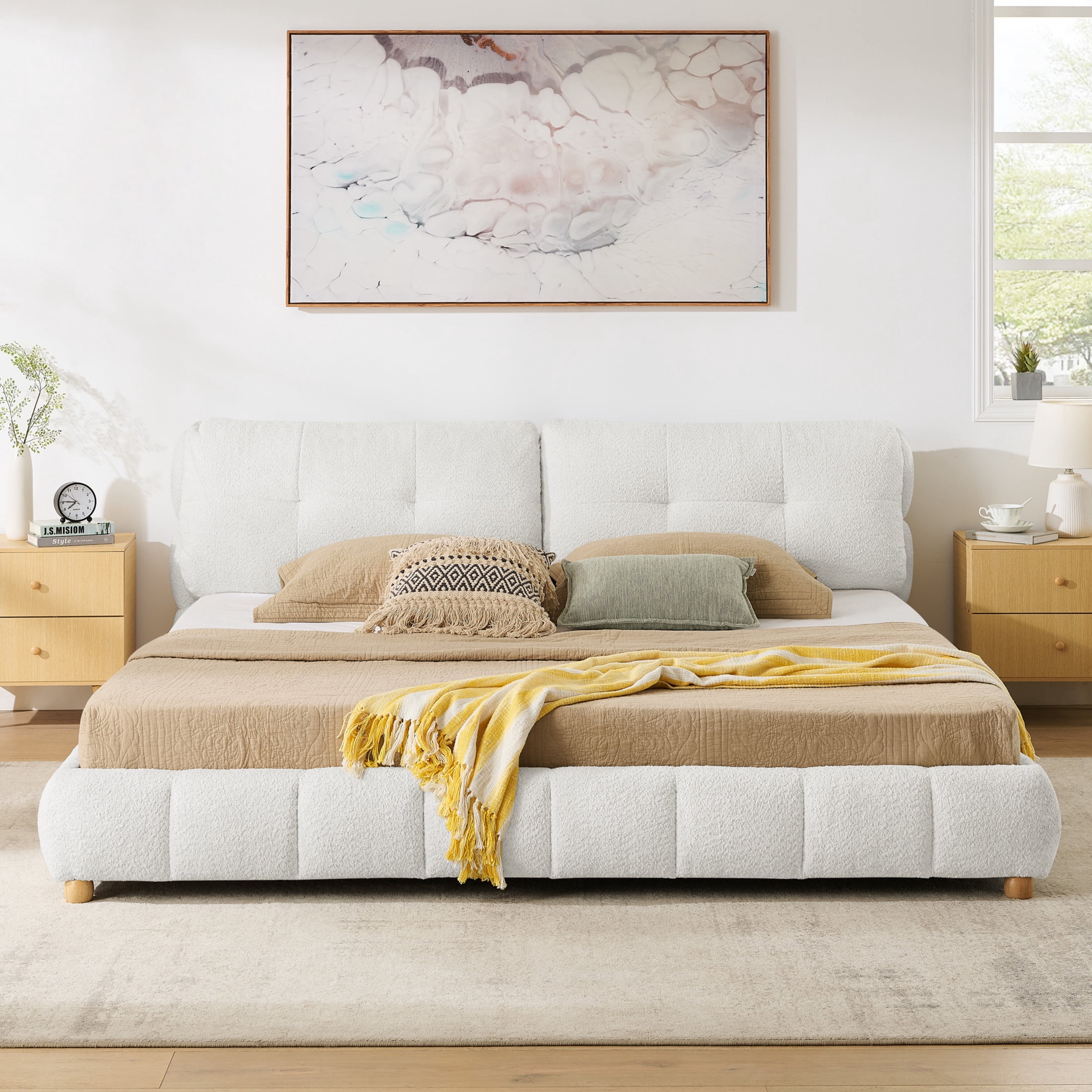 Noble House Renton King Size Platform Bed Frame, Cloud Bouclé Upholstered Bed with Solid Wood Legs, Beige