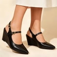 thumbnail image 2 of Wedge Heels for Women Comfortable Leather Ankle Strap Slip on Lightweight Square Closed Toe Business Casual Work Dress Shoes Black Size 6.5, 2 of 4