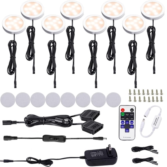 AIBOO LED Under Cabinet Puck Lights, 8 Pack Dimmable 12V with RF Remote, Warm White