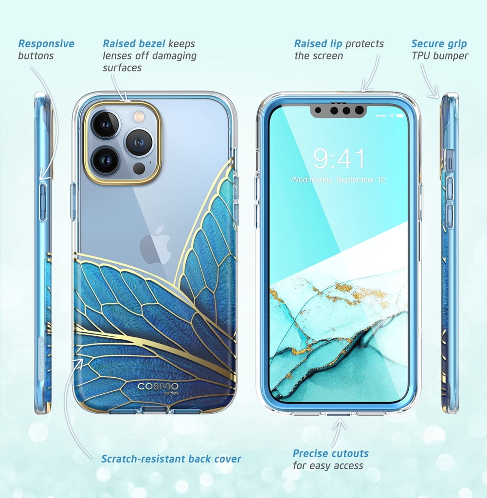 i-Blason Cosmo Series iPhone 13 Pro Max Case 6.7 inch (2021 Release), Slim Full-Body Stylish Protective Case for iPhone 13 Pro Max with Built-in Screen Protector (Butterfly)