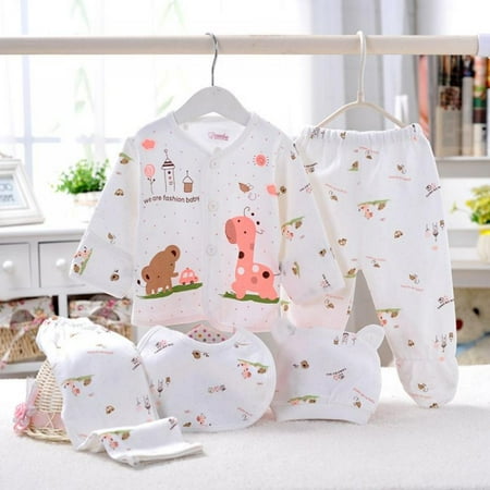 

0-3M Newborn Baby Layette Set Cotton Clothes Tops Hat+Pants Suit 5 Pieces Sets