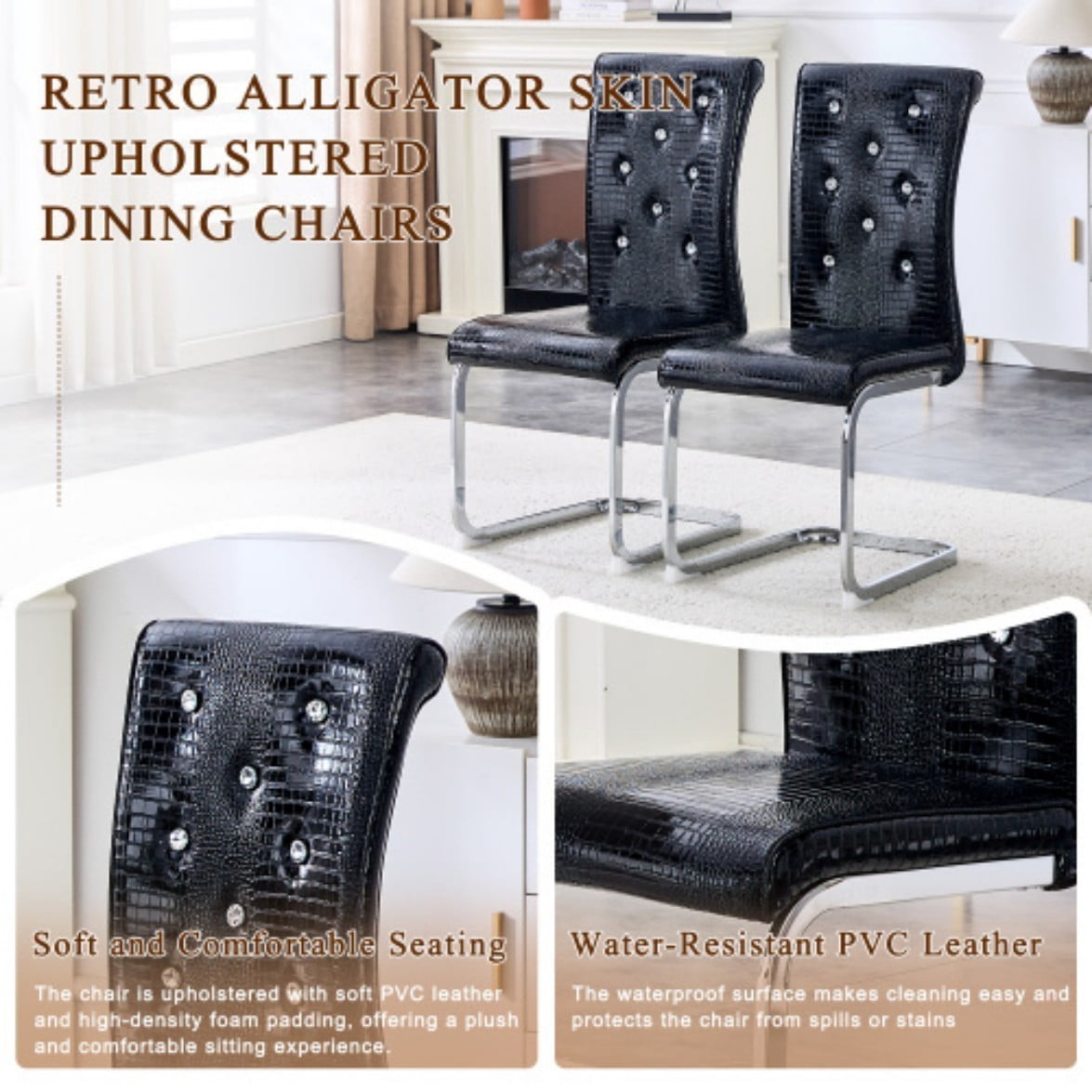 Set of 2 Retro Dining Chairs, Faux Alligator Leather Upholstered Chairs with Crystal Button Details & Electroplated Metal Legs, 400 LBS, Black & Silver