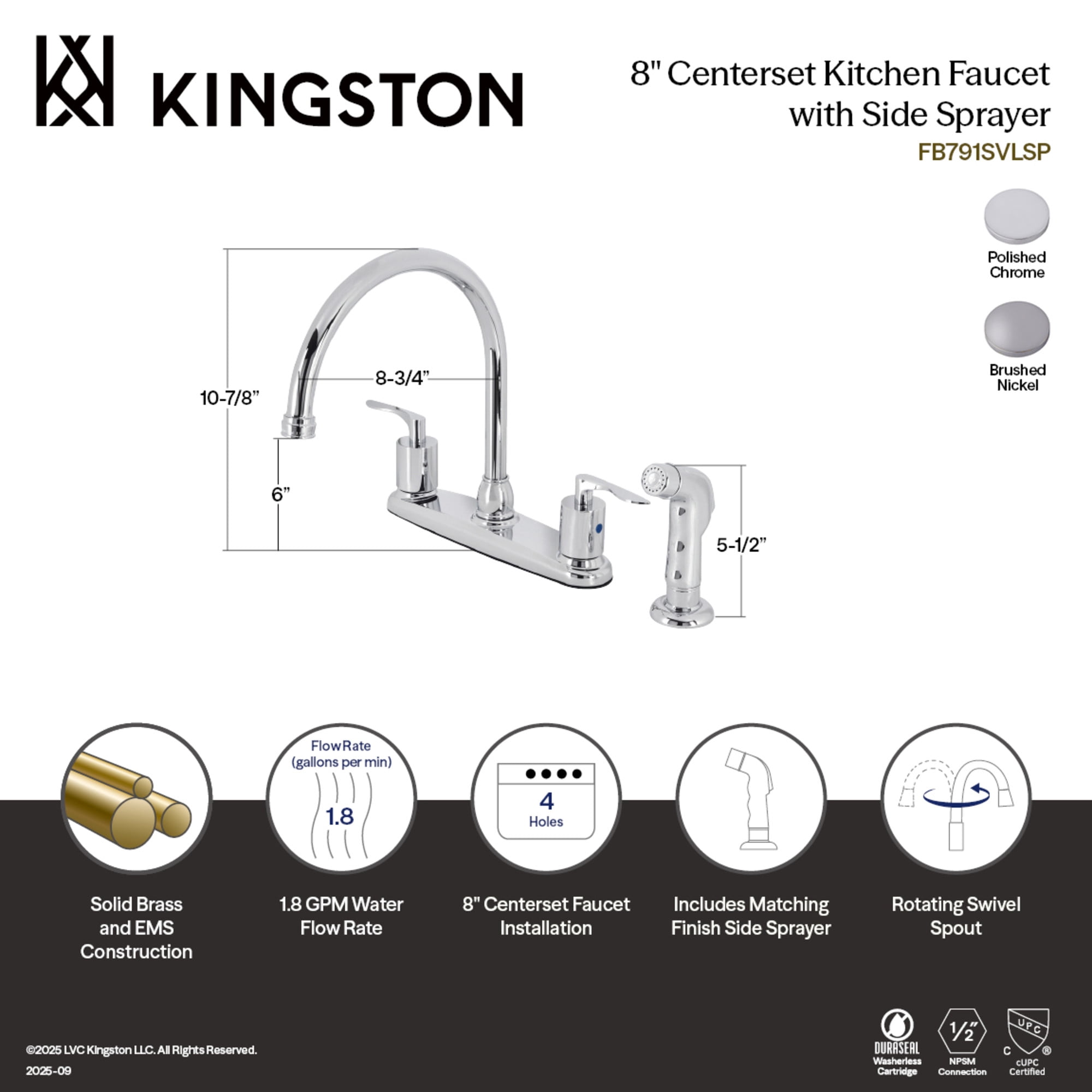 Kingston FB791SVLSP Serena Two-Handle 4-Hole 8" Centerset Kitchen Faucet with Side Sprayer in Polished Chrome