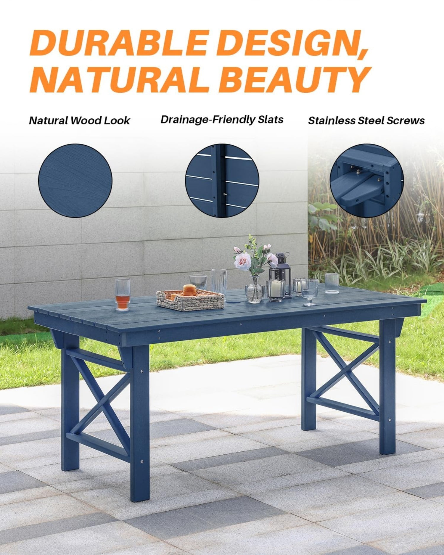 HDPE Outdoor Dining Table for 6, 66.9" Rectangular Patio Dining Table with 2.2" Umbrella Hole, All-Weather Outdoor Table for Backyard, Deck, Garden, Poolside, Navy