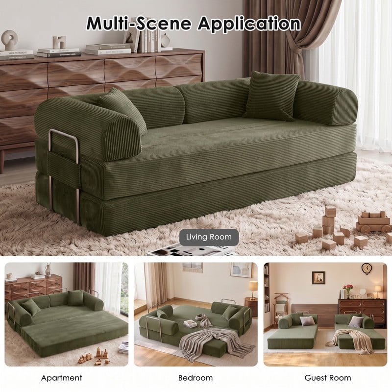 Anpport 78.8" Compression Boneless Sectional Sofa, Convertible Floor Sleeper Bed with Pillow Back Armrest, Corduroy Fabric, Green, for Living Room Bedroom