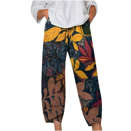 

Dadaria Wide Leg Boho Pants for Women Summer Printing Ankle Length Pants Pokets Elastic Trousers Long Harem Pant Yellow XL Female