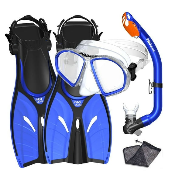 Spectrum Kids Snorkeling Gear Set w/ Dive Mask Snorkel Flippers by Promate, Blue, SM