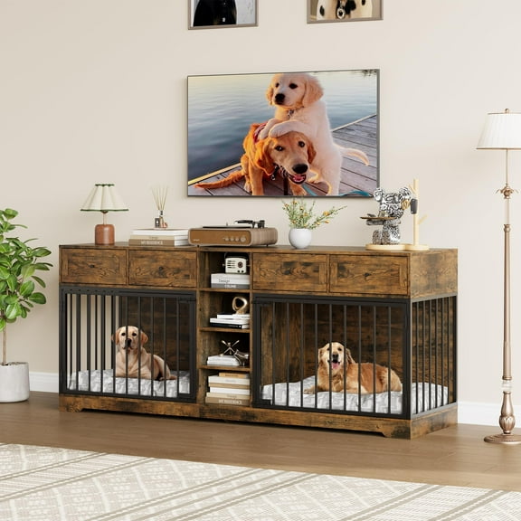 Studyset 82” Double Dog Crate Furniture,Large Dog Kennel Indoor for 2 Dogs,Heavy Duty Wooden Dog Crate TV Stand with 4 Drawers and Shelves, Decorative Wooden Dog House Decorative Table TV Stand
