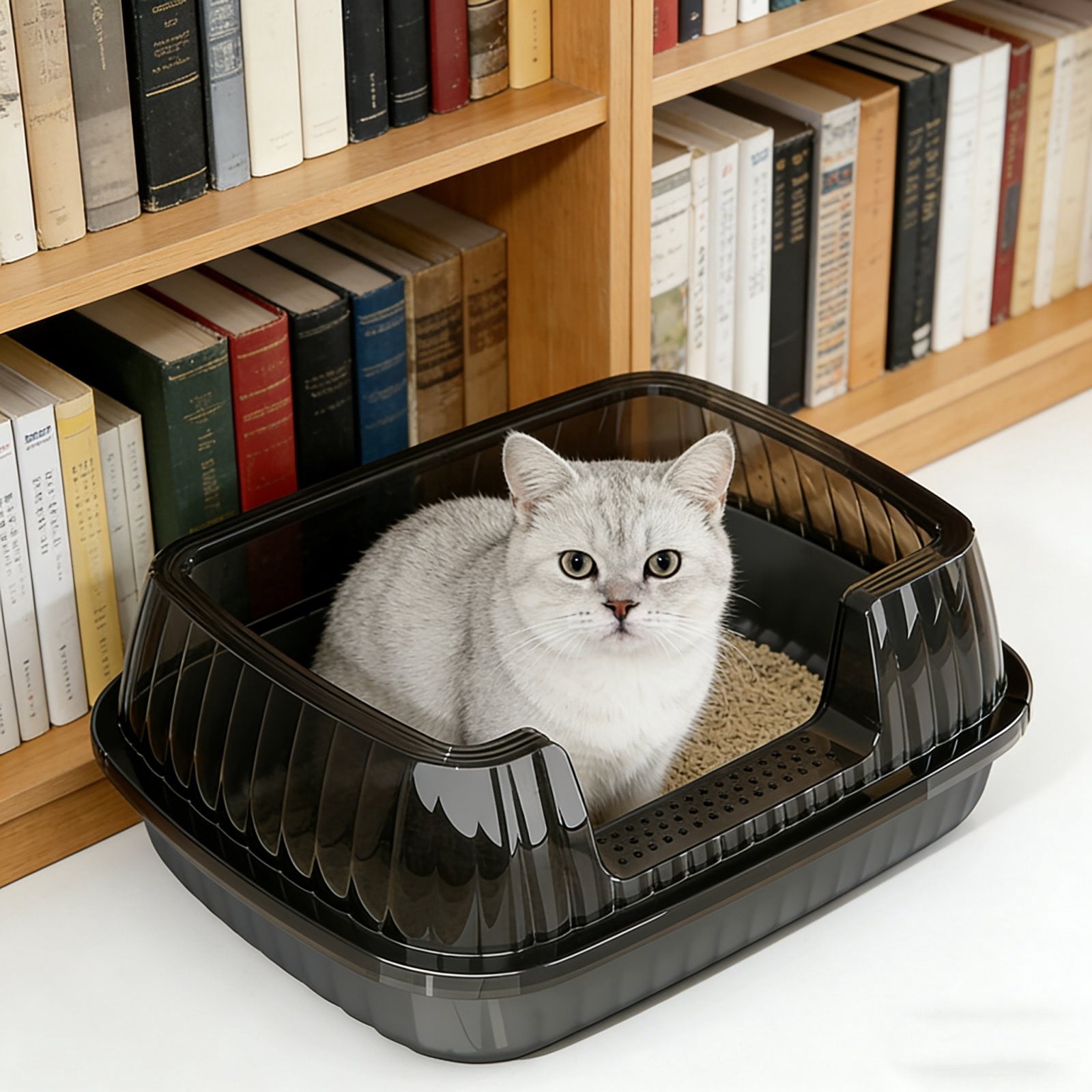 Dark Grey Semi Enclosed Cat Litter Box With Top Entry Lid High Sides Includes Scoop Odor Control Easy Clean 14X11X5 Inch Multiple Colors