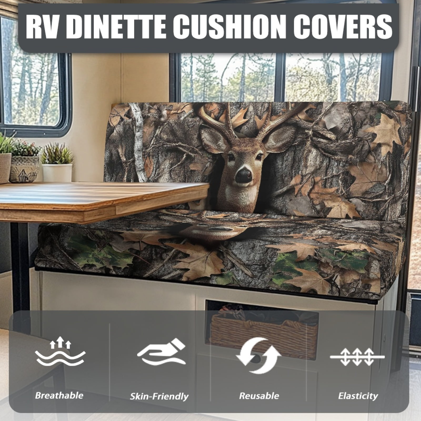 FOR U DESIGNS Deer Hunting Camo Pattern 2 PCS RV Dinette Cushion Covers Wear-Resistan Camper Seat Covers Dinette Booth Camper Cushion Slipcover Sofa Slipover for Travel Trailer Couch