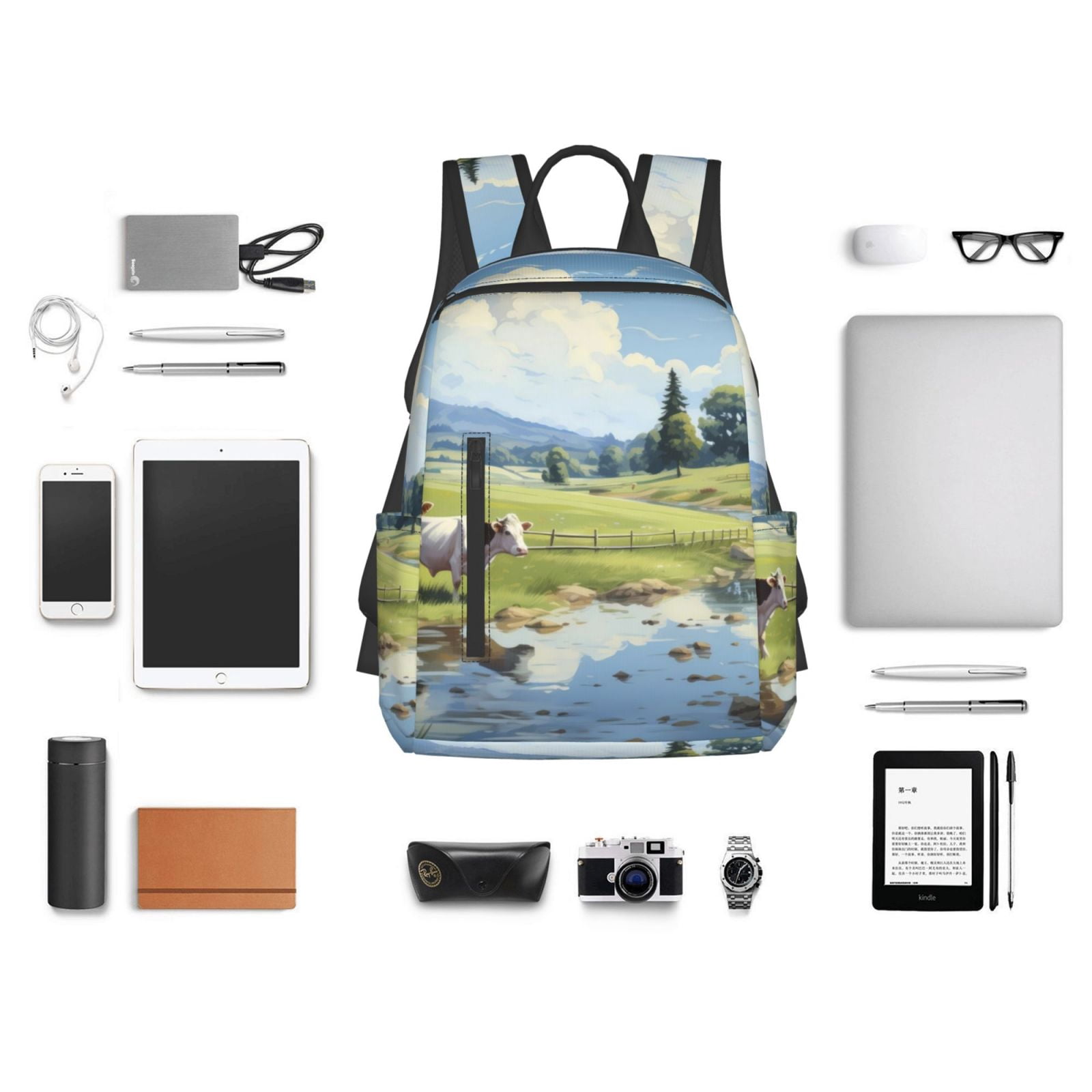 Xecao Pasture Cow print Backpack For women men Aesthetic Lightweight Travel Daypack Simple Cute Backpack For Bookbag