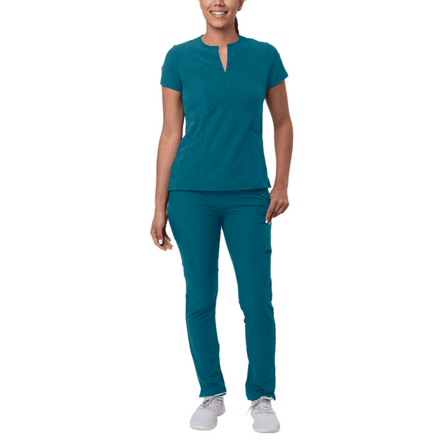 Adar Addition Go-Higher Scrub Set For Women - Notched V-Neck Scrub Top & Skinny Cargo Scrub Pants