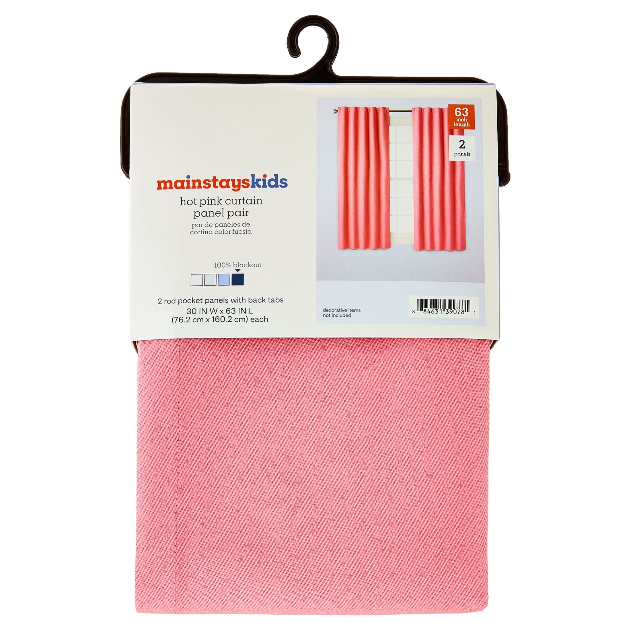 Mainstays Kids Pink Solid Blackout Rod Pocket with Back Tabs Curtain Panel Pair, Set of 2, 30" W x 63" L