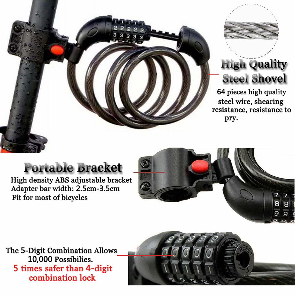 Cycling Security 5 Digit Combination Password Bike Bicycle Cable Chain Lock
