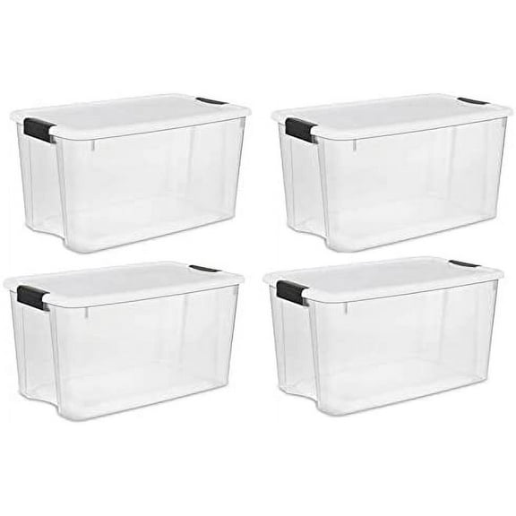 Sterilite 70 Qt Clear Plastic Stackable Storage Bin w/White Latching Lid Organizing Solution, 4 Pack 70 Quart (Pack of 4) Solid