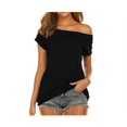 thumbnail image 1 of New Women's Off The Shoulder Tops Casual Short Sleeve T Shirts Solid Color Blouse, 1 of 4