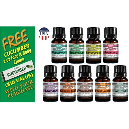Essential Oil Gift Set - 9 Aromatherapy Oils -Peppermint, Eucalyptus, Lemongrass, Rosemary, Lavender, Cinnamon Leaf, Frankincense, Sweet Orange, Tea Tree - Therapeutic Grade - 10 mL by Sponix