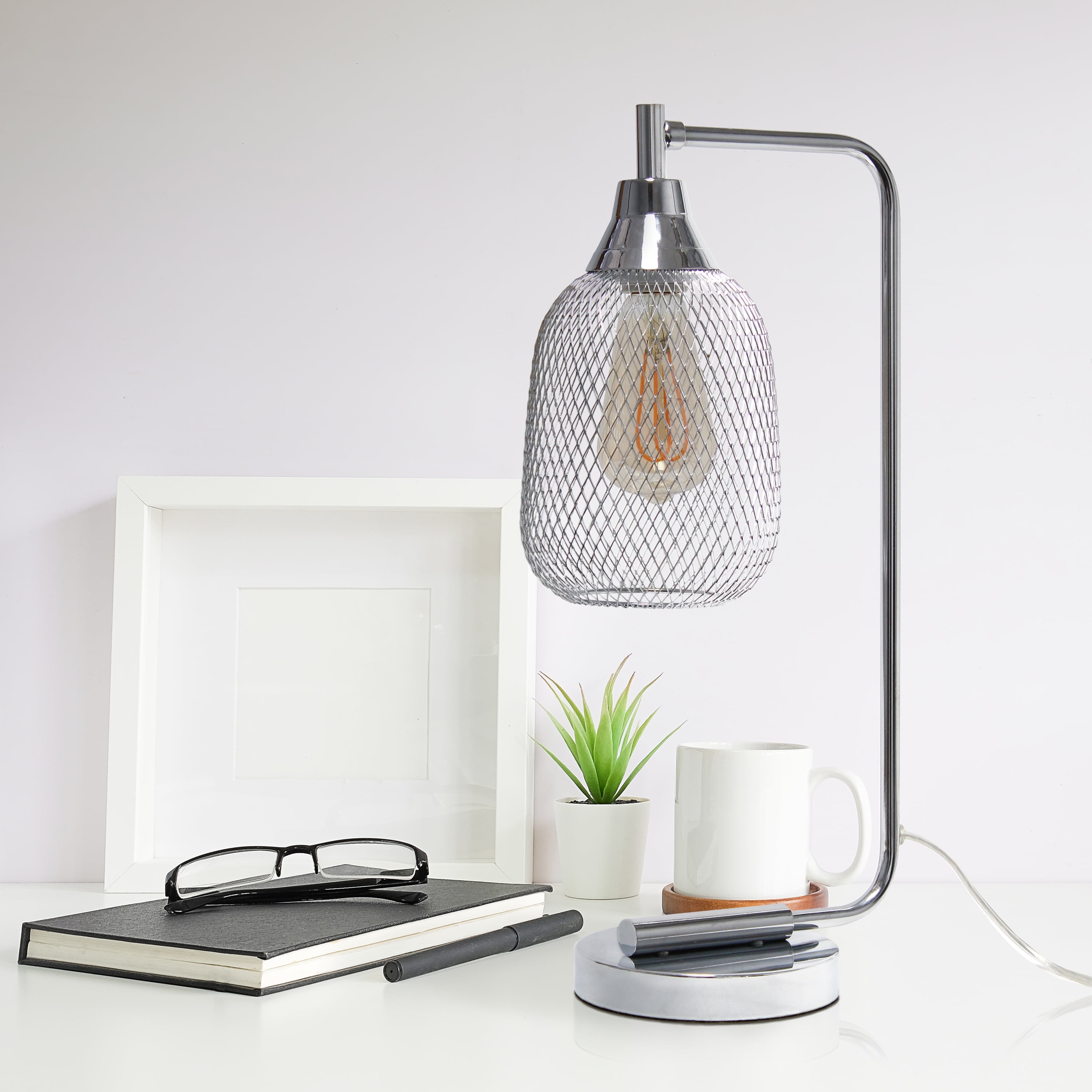Elegant Designs 19" Industrial Mesh Wire Desk Lamp with LED Bulb, Chrome
