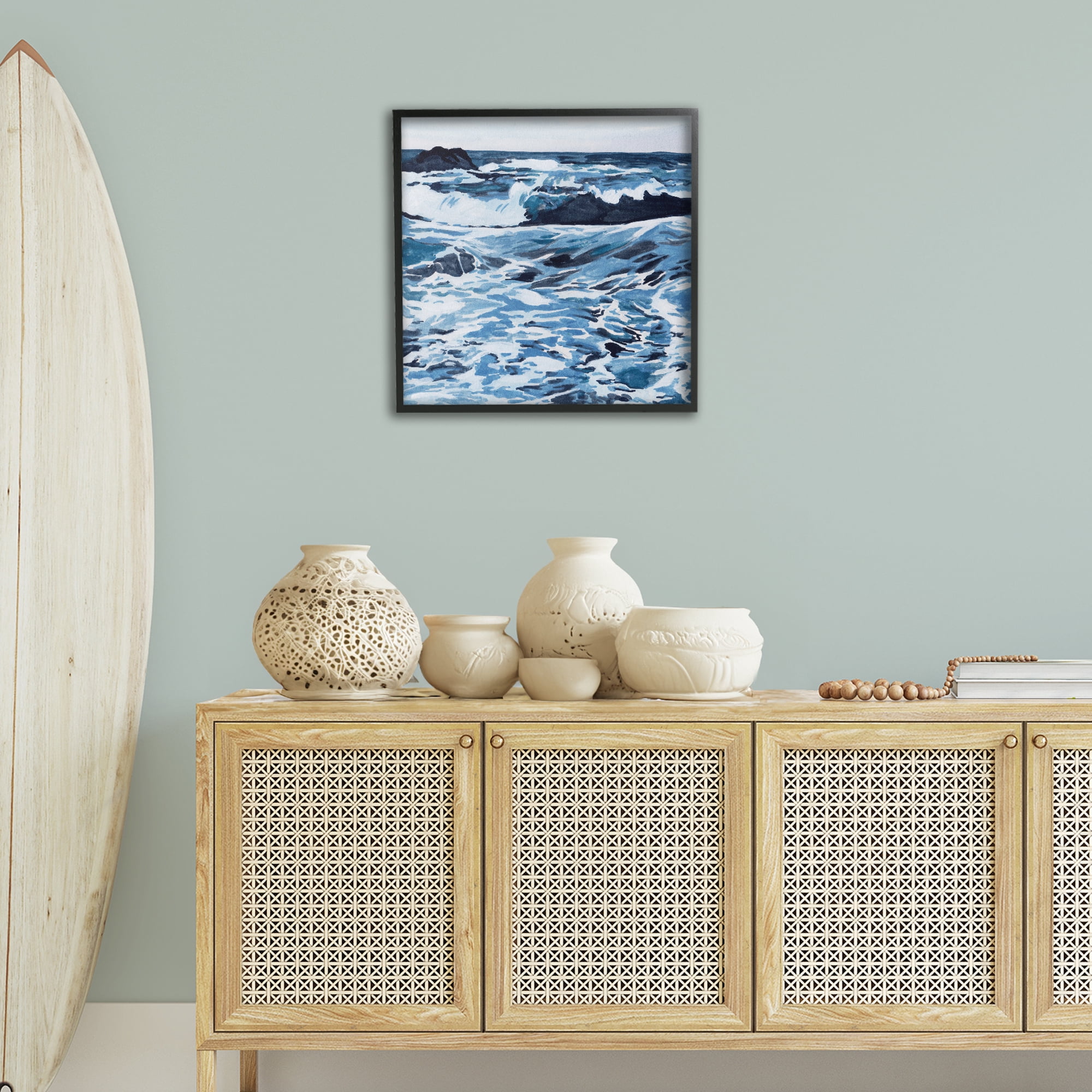 Stupell Industries Blue Coastal Waves Landscape Painting Black Framed Art Print Wall Art, 24 x 24