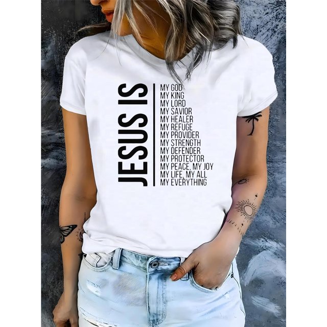 Women'S Inspirational Jesus Quote T-Shirt, Casual Crew Neck Short Sleeve Top, 100% Cotton Knit Fabric with Slight Stretch, Geometric Pattern, All Season Wear