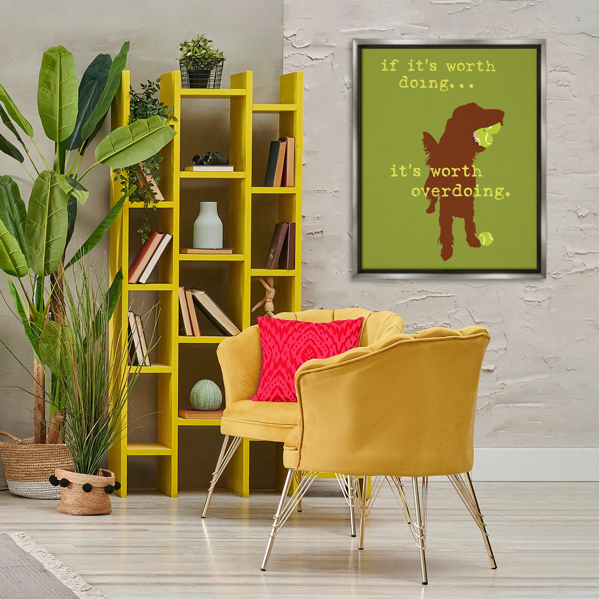 Stupell Industries Worth Overdoing Dog Phrase Animals Painting Gray Floater Framed Canvas Art Print Wall Art, 25 x 31